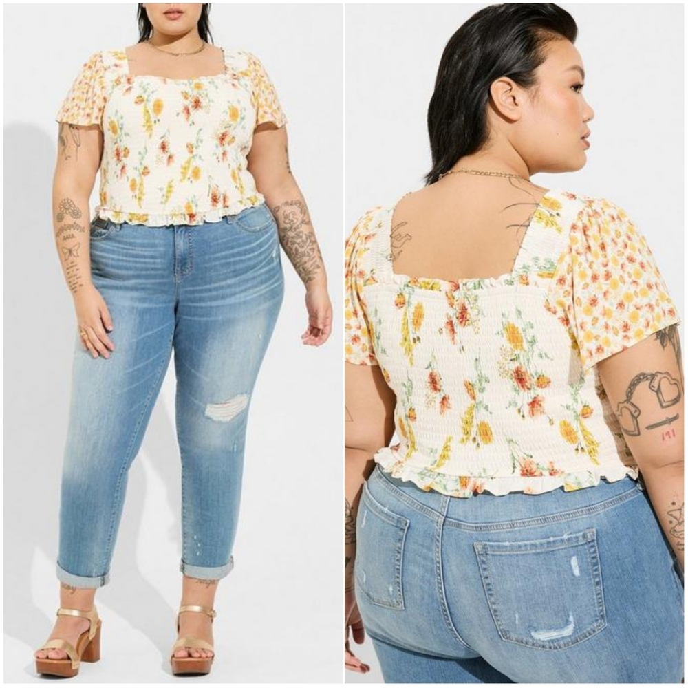 Torrid Smocked Floral Crop Top Warm Sunset Flutter Sleeve 5X 28 NWT